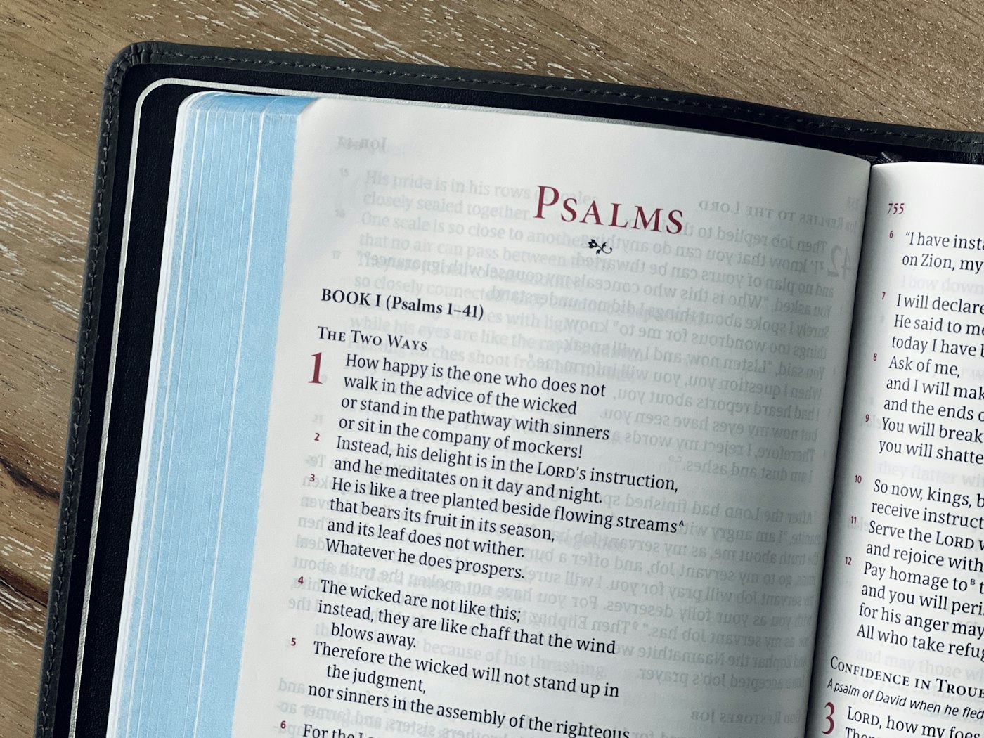 Open Bible on a wooden table